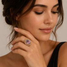 Load image into Gallery viewer, Vintage 14K Yellow Gold Large Oval Amethyst Floral Cocktail Statement Ring