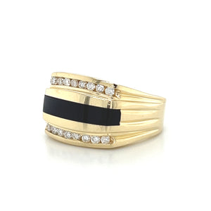 14K Yellow Gold Onyx and Diamond Unisex Ring