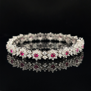 14K White Gold Ruby and 5 Carat Diamond Flower Bracelet