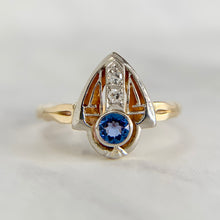 Load image into Gallery viewer, Antique 14K Two-Tone Old Mine Sapphire and Diamond Shield Ring