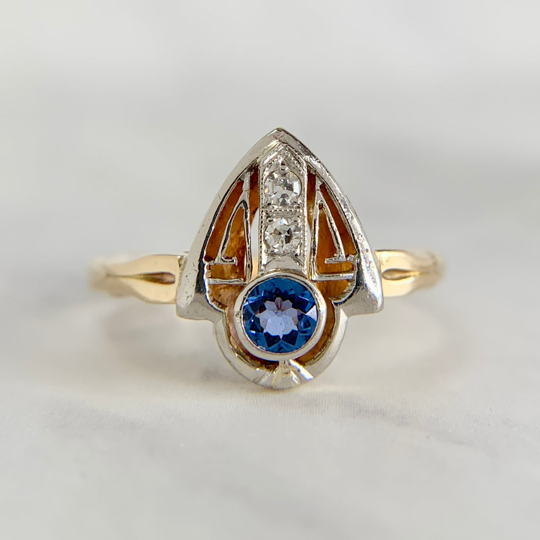 Antique 14K Two-Tone Old Mine Sapphire and Diamond Shield Ring