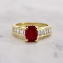 Load image into Gallery viewer, 18K Yellow Gold Ruby and Baguette Diamond Ring