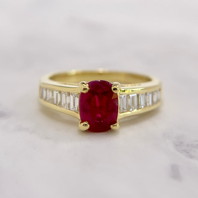 18K Yellow Gold Ruby and Baguette Diamond Ring