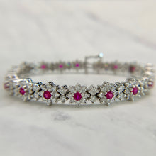 Load image into Gallery viewer, 14K White Gold Ruby and 5 Carat Diamond Flower Bracelet