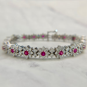 14K White Gold Ruby and 5 Carat Diamond Flower Bracelet