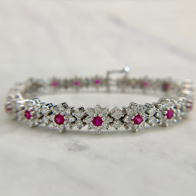 14K White Gold Ruby and 5 Carat Diamond Flower Bracelet