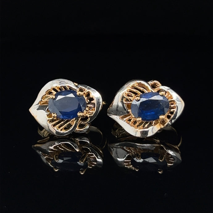 14K Two-Tone Gold Blue Sapphire Clip On Earrings