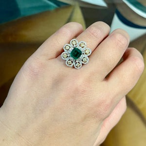18K White Gold Emerald and Fancy Yellow Diamond Statement Ring
