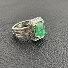 Load image into Gallery viewer, Vintage Natural Emerald 2.5 CT &amp; 1 ct. Diamond Halo Ring in 14K White Gold