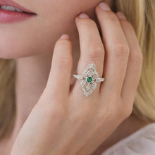 Load image into Gallery viewer, 18K White Gold Emerald &amp; Diamond Vintage Filigree Ring – Milgrain Detail