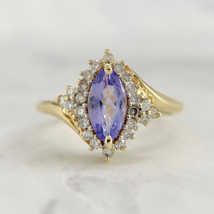 14K Yellow Gold Marquise Cut Iolite and Diamond Ring