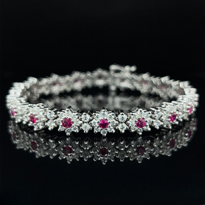 14K White Gold Ruby and 5 Carat Diamond Flower Bracelet