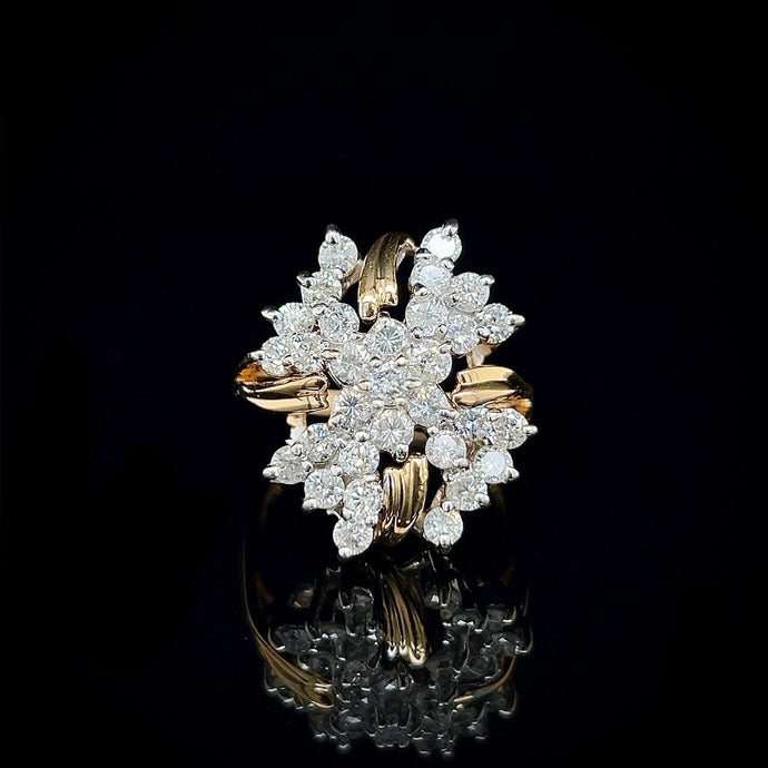 14K Two-Tone Gold 2 Carat Diamond Floral Cluster Ring