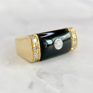 18K Yellow Gold Onyx and Bezel Set Diamond Ring