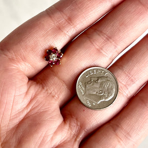 14K Yellow Gold Red Spinel and Diamond Flower Earrings