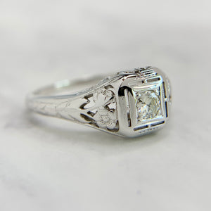 18K White Gold Art Deco Transitional Cut Diamond Ring