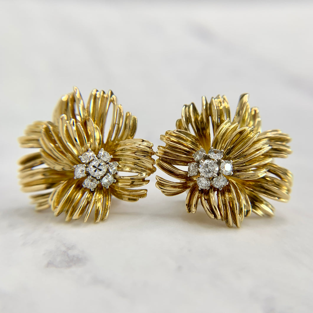 18K Yellow Gold Old Euro Cut Diamond Chrysanthemum Earrings