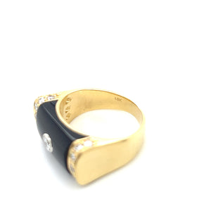 18K Yellow Gold Onyx and Bezel Set Diamond Ring