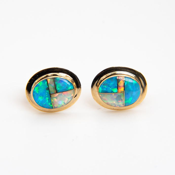 14 Yellow Gold Vintage Inlay Layered Opal Post Stud Earrings