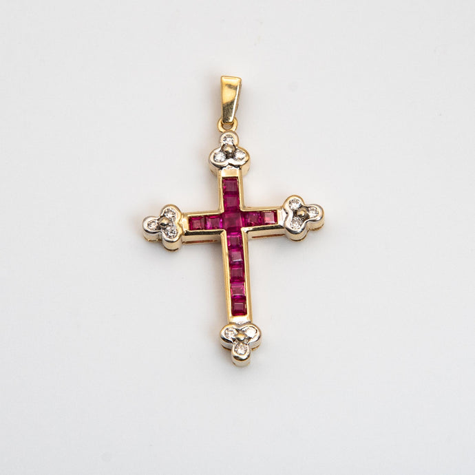 14K Yellow Gold Ruby and Diamonds Cross Pendant