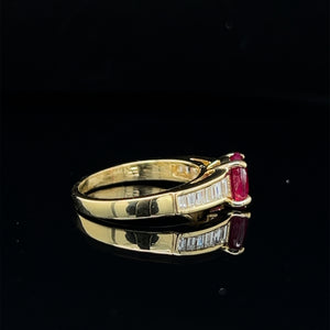 18K Yellow Gold Ruby and Baguette Diamond Ring