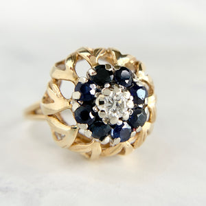 Vintage 14K Yellow Gold Sapphire Diamond Dome Ring