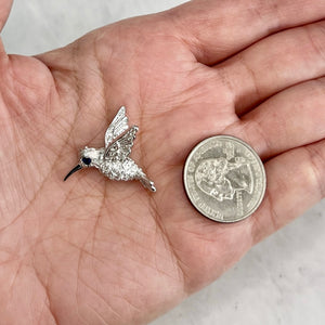 14K White Gold Diamond and Sapphire Hummingbird Brooch