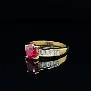 18K Yellow Gold Ruby and Baguette Diamond Ring