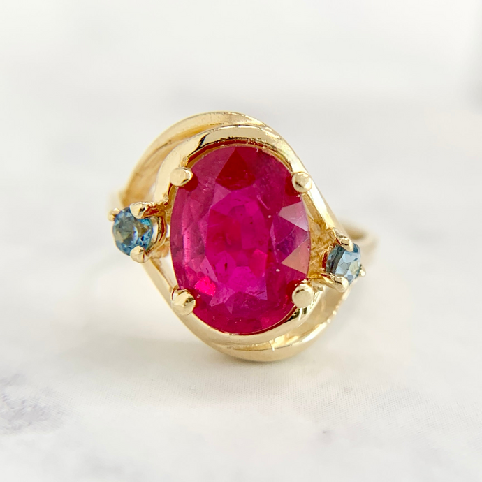 14K Yellow Gold Diagonal Ruby and Topaz Statement Ring