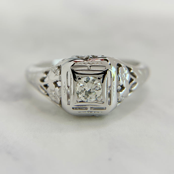 18K White Gold Art Deco Transitional Cut Diamond Ring