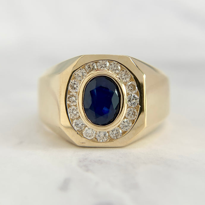 14K Yellow Gold 1 Carat Sapphire and Diamond Signet Ring