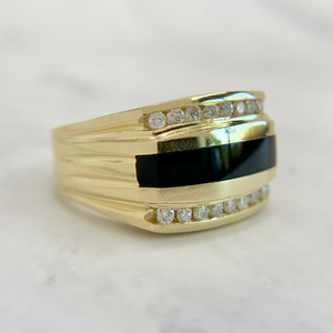 14K Yellow Gold Onyx and Diamond Unisex Ring