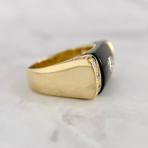 18K Yellow Gold Onyx and Bezel Set Diamond Ring