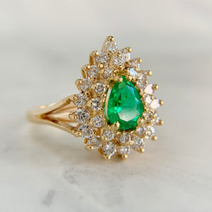 14K Yellow Gold Pear Cut Emerald Diamond Cocktail Ring