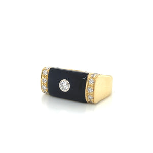 18K Yellow Gold Onyx and Bezel Set Diamond Ring