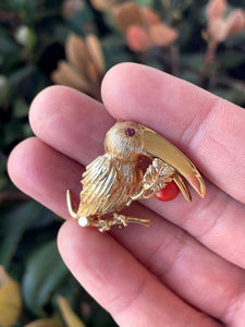 14K Yellow Gold Coral and Ruby Toucan Bird Brooch