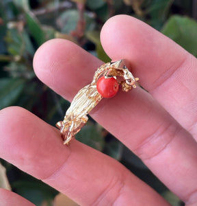 14K Yellow Gold Coral and Ruby Toucan Bird Brooch