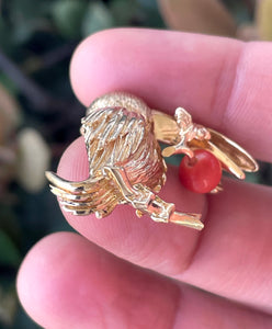 14K Yellow Gold Coral and Ruby Toucan Bird Brooch