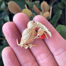 Load image into Gallery viewer, 14K Yellow Gold Coral and Ruby Toucan Bird Brooch