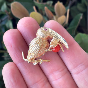 14K Yellow Gold Coral and Ruby Toucan Bird Brooch