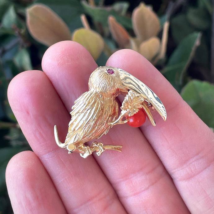 14K Yellow Gold Coral and Ruby Toucan Bird Brooch