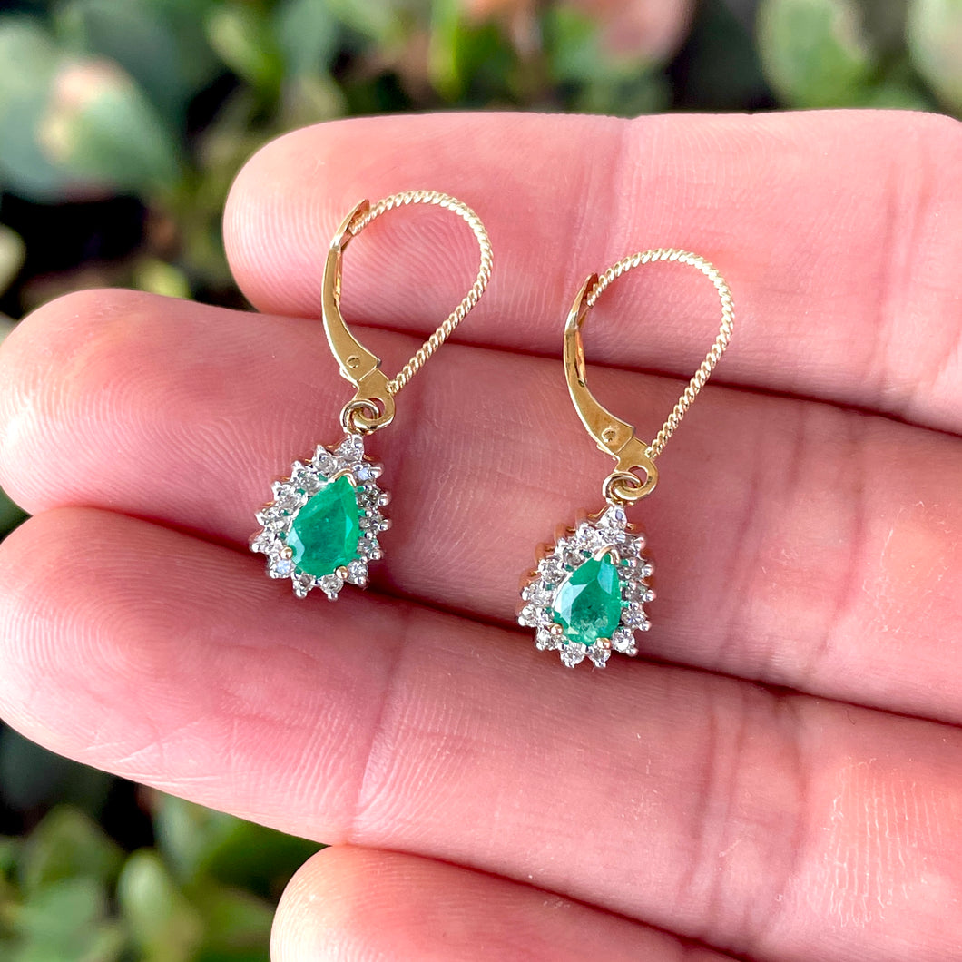 14K Two-Tone Pear Cut Emerald and Diamond Drop Earrings