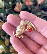 Load image into Gallery viewer, 14K Yellow Gold Coral and Ruby Toucan Bird Brooch