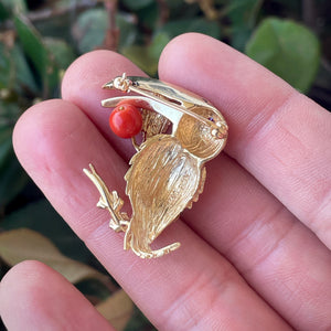 14K Yellow Gold Coral and Ruby Toucan Bird Brooch