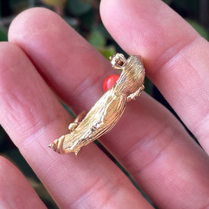 14K Yellow Gold Coral and Ruby Toucan Bird Brooch