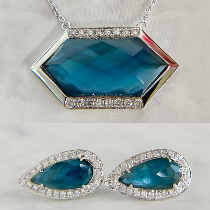 18K White Gold Doves by Doron Paloma Blue Topaz MOP Set