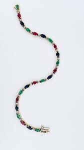 14k Yellow Gold Oval Emerald , Ruby, Sapphire and Diamond Tennis Bracelet