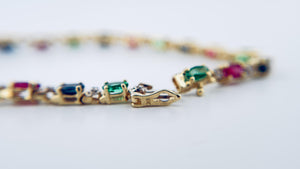 14k Yellow Gold Oval Emerald , Ruby, Sapphire and Diamond Tennis Bracelet