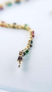 14k Yellow Gold Oval Emerald , Ruby, Sapphire and Diamond Tennis Bracelet