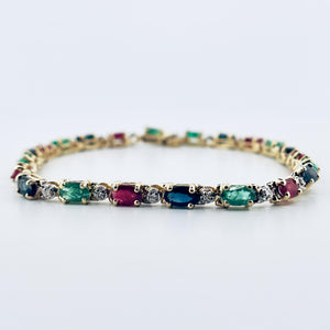 14k Yellow Gold Oval Emerald , Ruby, Sapphire and Diamond Tennis Bracelet